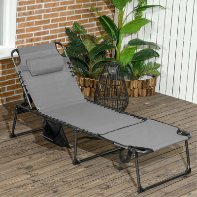 Chaise longue de plage avec 5 options d'inclinaison, poche latérale, trou de lecture, pliable, gris, pour patio, chaise longue de bronzage, 5 positions inclinables, surface en filet, espaces extérieurs