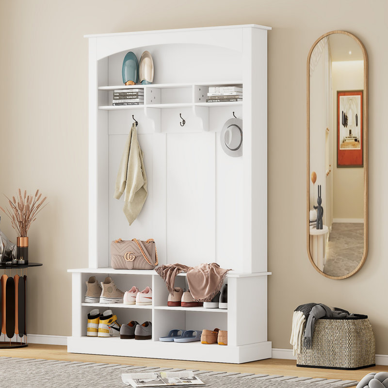 47.2'' Wide Hall Tree With Bench And Shoe Storage, Multi-Functional Storage Bench With 3 Hanging Hooks & Open Storage Space, Rectangle Storage & Shelves Coat Rack For Hallway