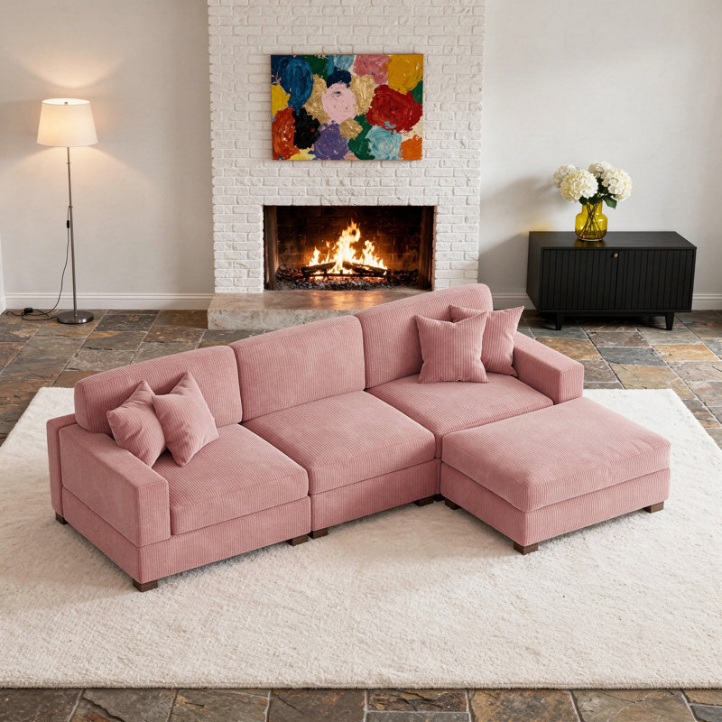 Canapé modulaire rembourré 3 pièces en velours côtelé avec dossier coussiné et repose-pieds amovible, Velours côtelé rose