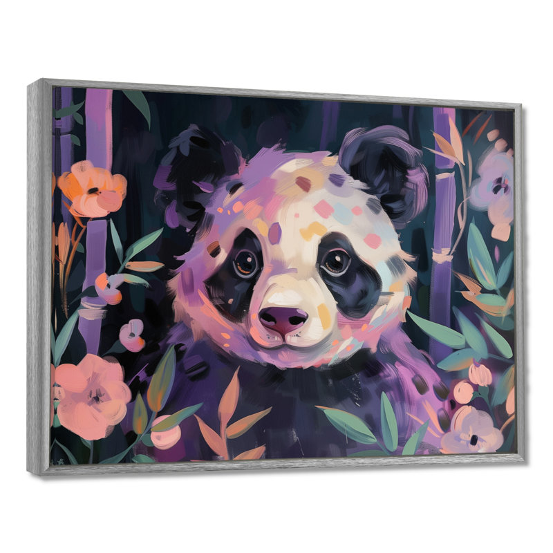 Blanc, mauve, panda, jungle I - art mural animal panda, Cadre argenté, H 24 po x l 32 po