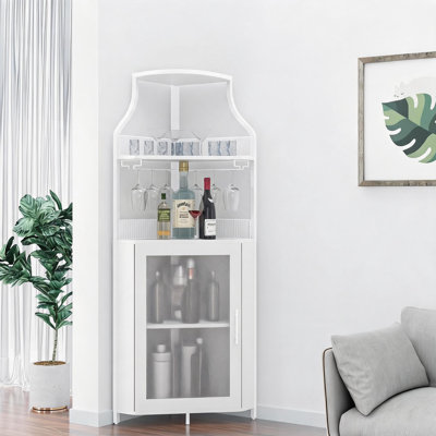Space-Saving Corner Wine Bar Cabinet - Detachable Wine Rack & Stemware Glass Holder - Mesh Door Storage, Small Sideboard Buffet Home Bar for Kitchen/Dining Room 