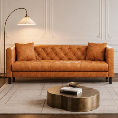 Canapé Chesterfield vintage en cuir de polyuréthane, canapé 3 places, brun cognac