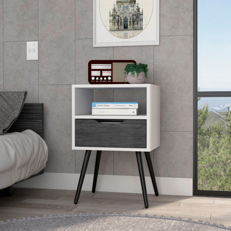 Table de chevet, plateau supérieur, quatre pieds, une tablette ouverte, un tiroir, Blanc