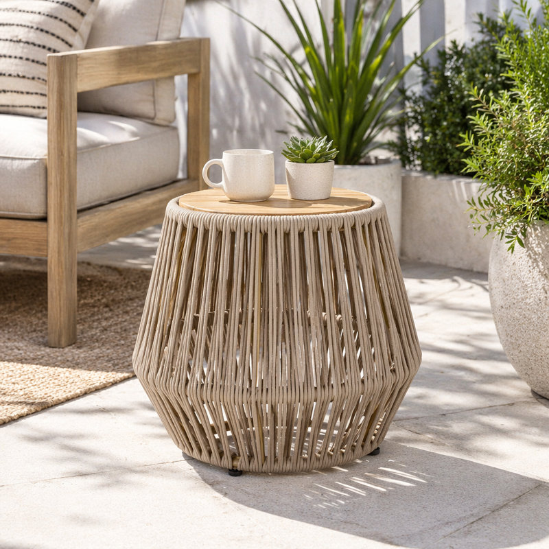 Table d'appoint en bois d'acacia avec base en corde beige, Beige,Light Teak
