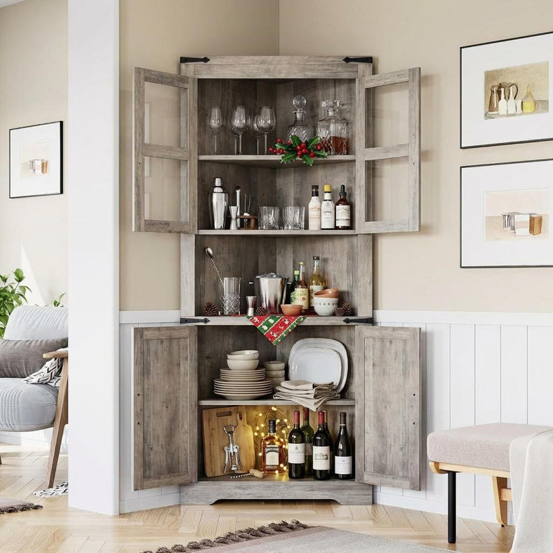 Farmhouse Corner Cabinet, Tall Corner Storage Cabinet with Glass Door & Adjustable Shelves, Bathroom Cabinet with Storage for Living Room, Kitchen, Bathroom