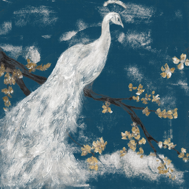 Paon blanc sur indigo I, H 36 po x l 36 po
