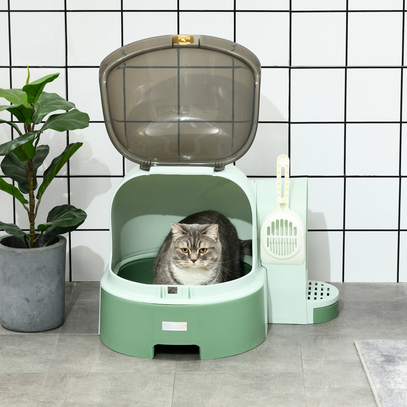Bac à litière en plastique avec couvercle, couvercle avant ouvrable pour un nettoyage rapide et simple, porte latérale spacieuse pour chat facile d'accès, plateau amovible pour minimiser la propagation, conception inspirée de l'espace