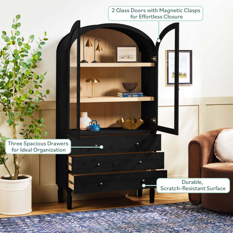 Holzhauer Modern Arched Glass Bookcase With Drawers, Black
