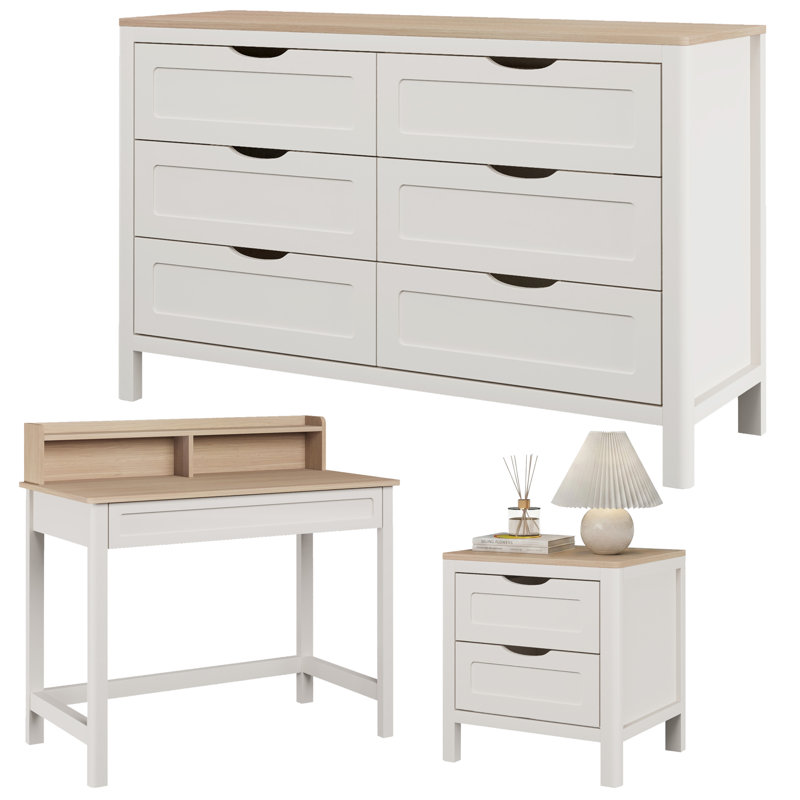 Ensemble de chambre à coucher moderne en MDF 3 pièces Abra (commode à 6 tiroirs, table de chevet à 2 tiroirs et bureau de rangement)