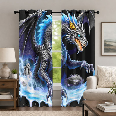 2Pcs Fire Dragon Pattern Curtains, Fantasy Style Curtain, Cool Glowing Creature Printed Art Grommet Drapes, Window Treatment for Bedroom Living Room Decor