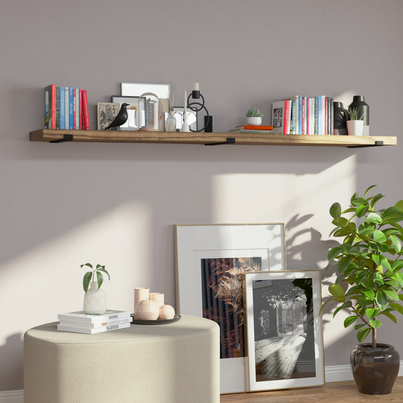 Tablette murale flottante en bois de 72 pouces de long avec supports robustes, épaisseur de 1,5 po, brûlé