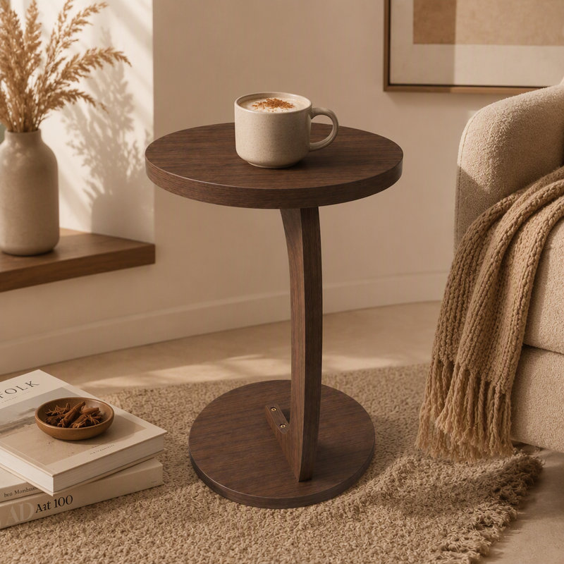 C-Shaped End Table with Walnut Wood Grain Finish
