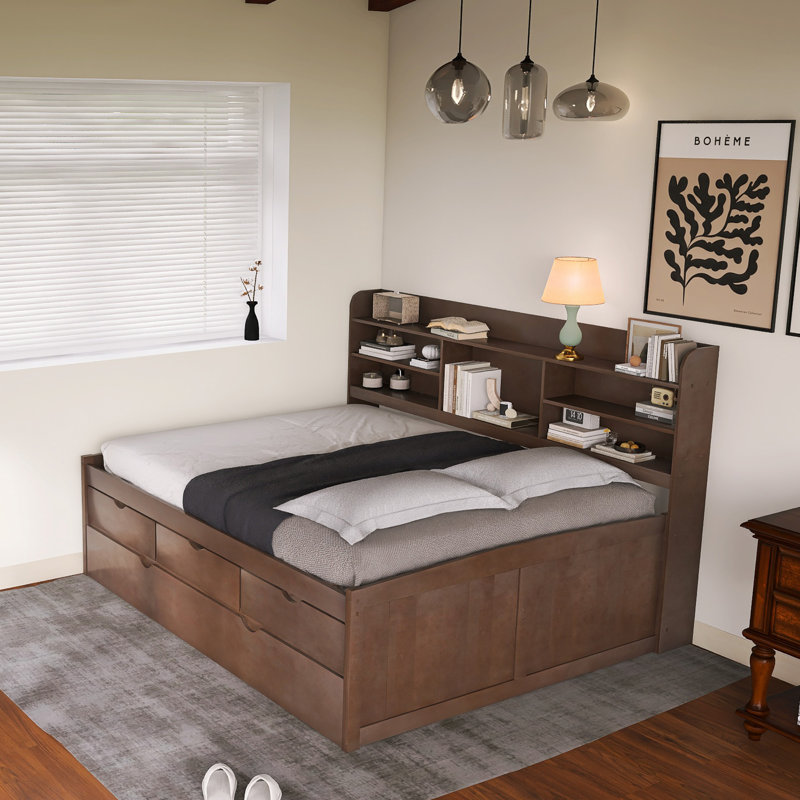 Wooden Daybed With Bookshelves, Storage Drawers And Trundle, Full/Double, Dark Gray