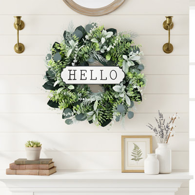 Artificial Eucalyptus Wreath With Welcome Sign 17.7Inch Mixed White Berries Spring Summer Wreath For Front Door Wall Window Farmhouse Festival Porch Patio Garden Decor