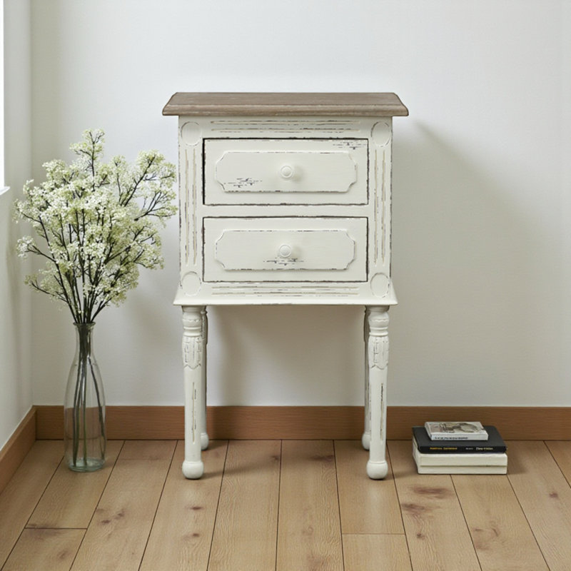 Reseda Traditional French Accent 2-Drawer Nightstand in White, 25.5'' H X 16.25'' W X 12'' D