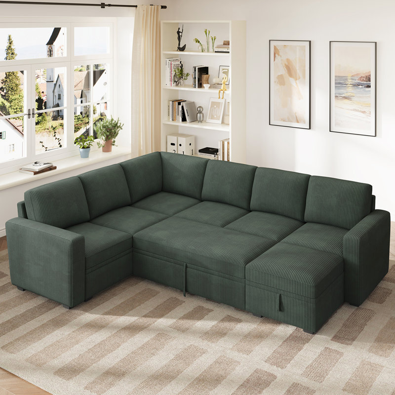 Hoelscher Upholstered Modular Standard Corner Sectional, Green Corduroy