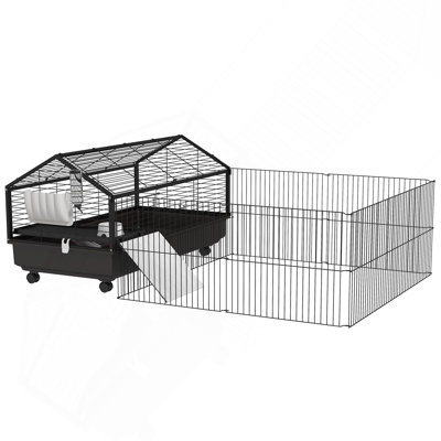 Small Animal Cage With Foldable Run Area, Rolling Bunny Cage, Guinea Pig Cage, Hedgehog Cage With Water Bottle, Water Bowl, And Ramps, 46.5"