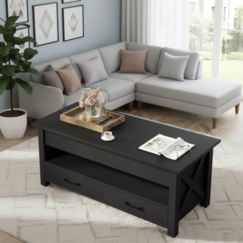 Table basse noire réglable en hauteur de style campagnard avec support en bois en forme de X, avec 2 tiroirs de rangement et un compartiment caché, convenant aux salons.