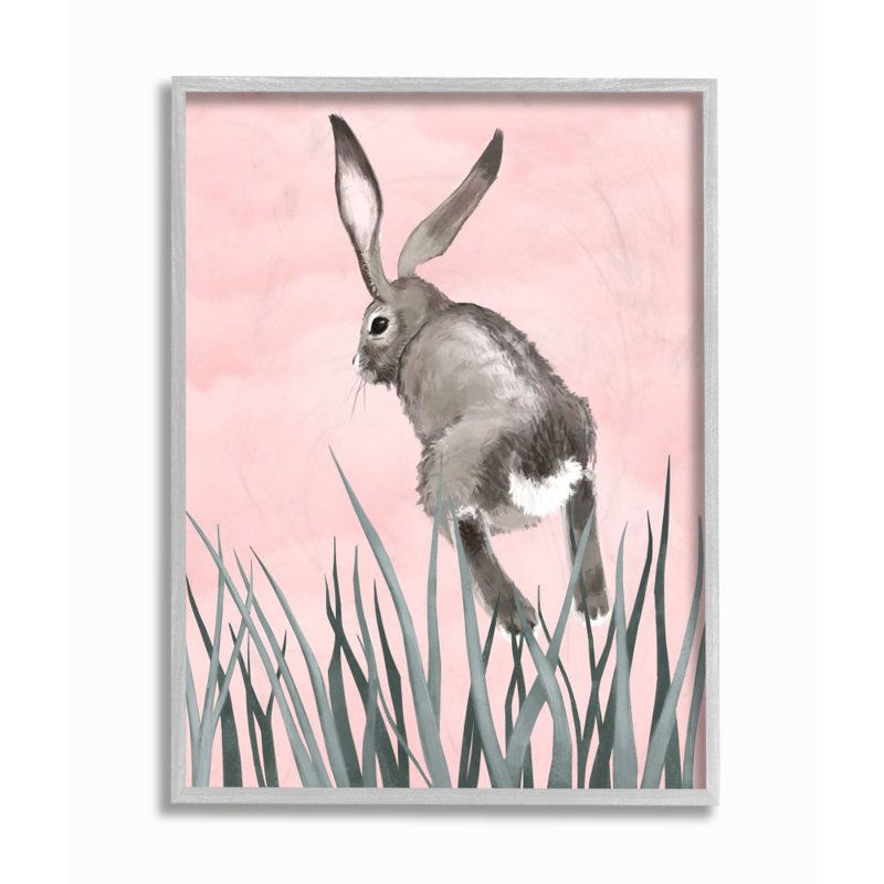 «Bunny Rabbit Jump Grass Pink Green Animal» par Ziwei Li - reproduction d'art, H 14 po x l 11 po, Estampe numérique Farmhouse