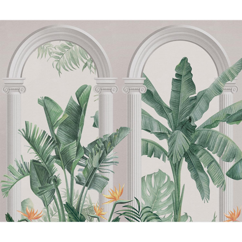 Botanique architecturale élégante avec plantes tropicales et éléments classiques, L 120 po x l 144 po