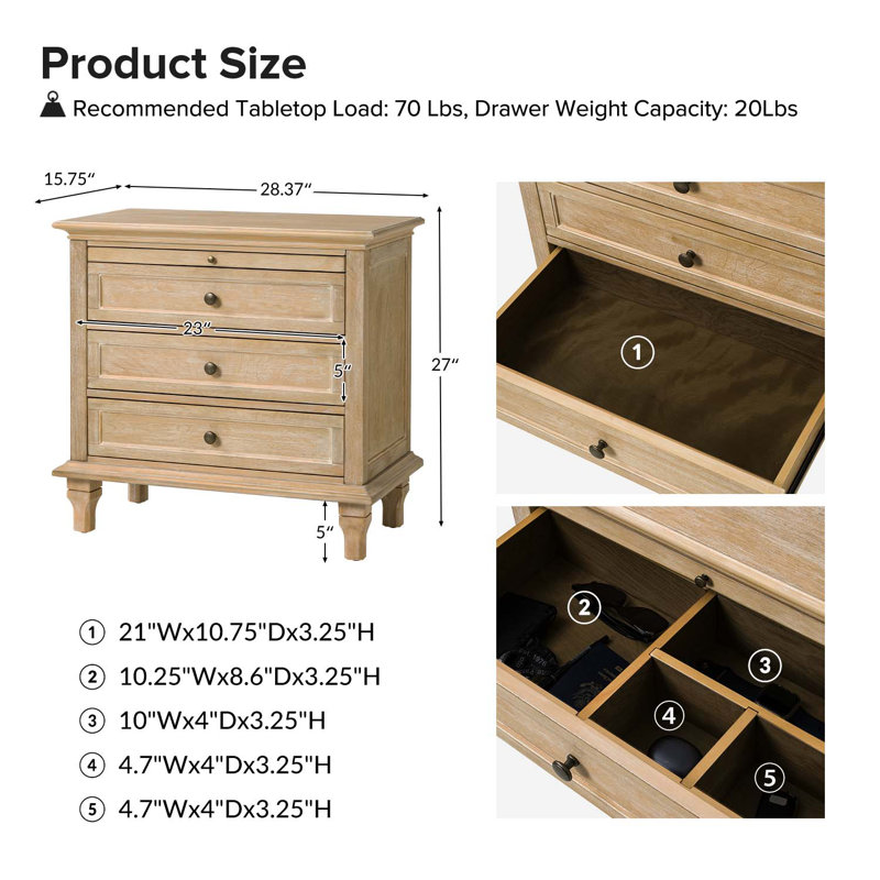 Arthelia Traditional 28.37''W 3-Drawer End Table with Charging Station and Pull-out Shelf , Natural