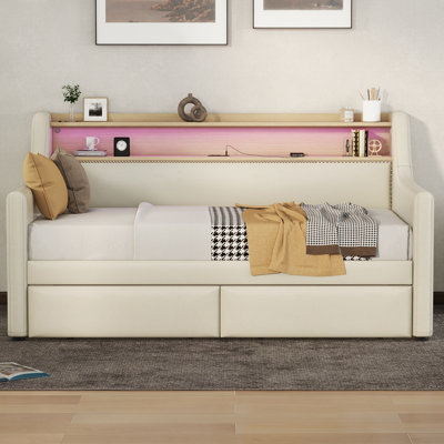 Twin Size Upholstered Daybed with Drawers, LED Lights & Charging Station, Space-Saving Sofa Bed Frame