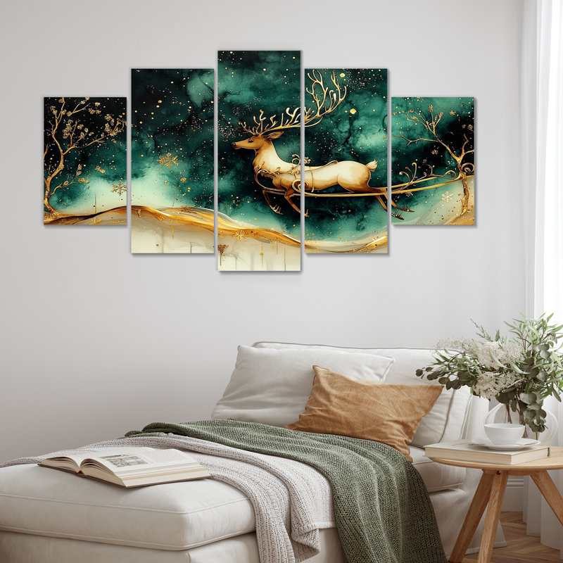 «Christmas Reindeer Sleigh Ride Fun II - Christmas Santa Deer», ensemble d'art mural sur toile