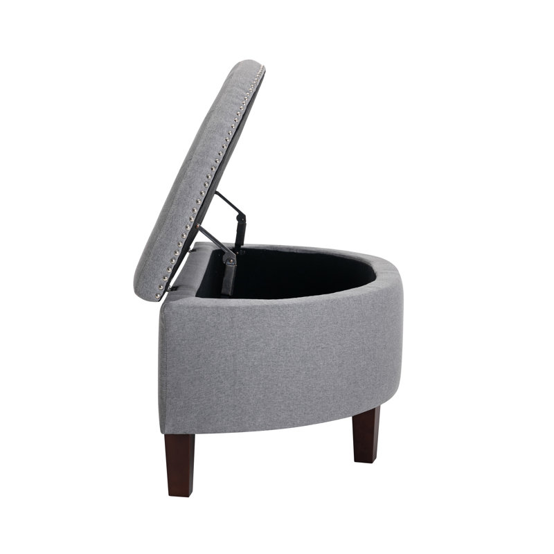 Banc de rangement en tissu avec pieds en bois d'hévéa Aimable, Mélange de polyester gris