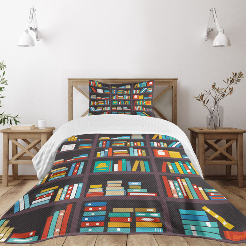 Twin White Quilted Bedspread Set with Colorful Books