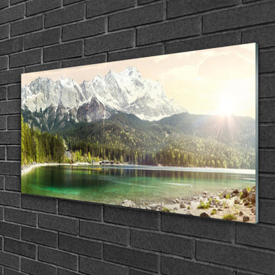 Landscape Mountain Forest Lake 1 Piece Wall Art on Glass