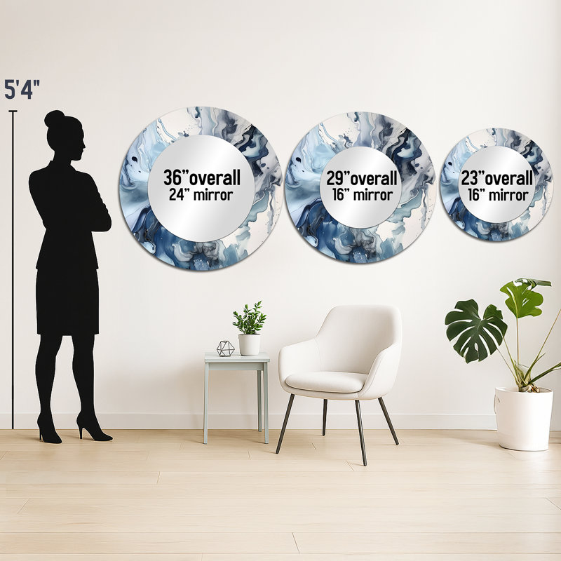 Blue and Grey Ethereal Elixir II - Abstract Decorative Mirror, Modern Round Wall Mirror, Printed Metal Art, 23" x 23"