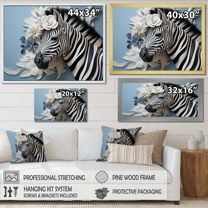 Zèbre noir et bleu de couleur pop III sur toile, Cadre simple argenté, H 16 po x l 32 po x P 1 po