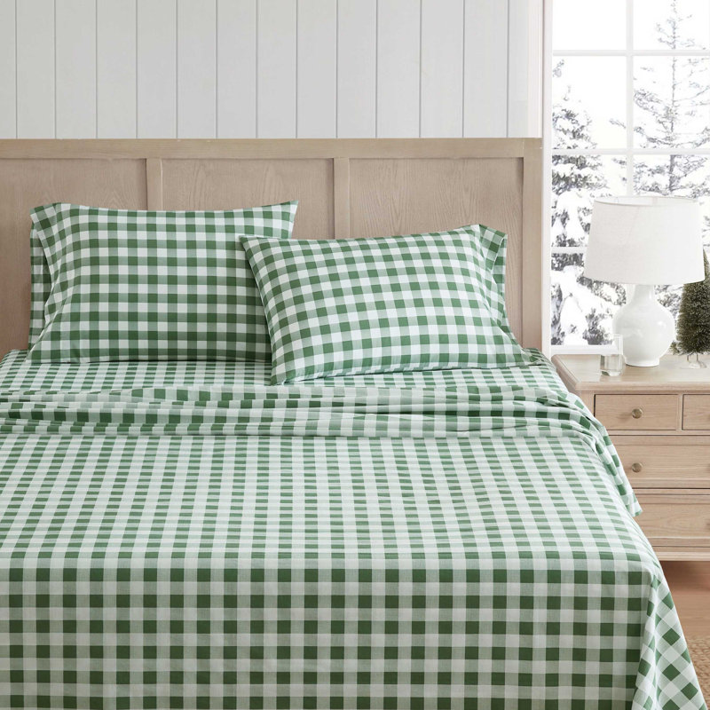 Martha Stewart Cotton Percale  Sheet Set, Twin Sheet Set with 1 Pillowcase, Green Plaid