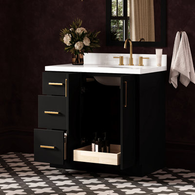   Kayleigh 37 Inch Right Offset Single Oval Sink Bathroom Vanity with Pure White Quartz Countertop 1.5 Inch in Black