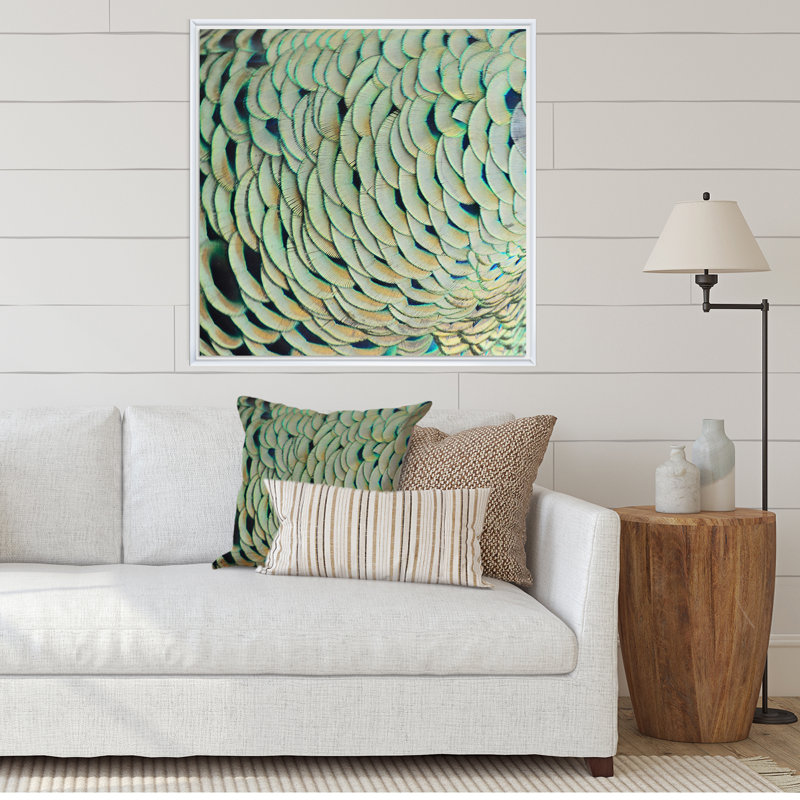 " Peacock Feathers III ", 16" H x 16" W x 1" D, White Floater Framed