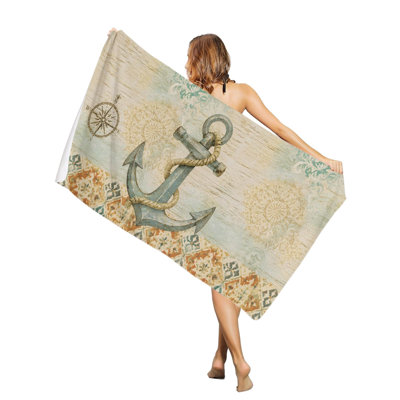 Vintage Coastal Anchor Compass Beach Towel Oversized Pool Towels,Quick Dry Absorbent Large Beach Blanket Soft Sand Free Bath Towel, 60 x 80 inAnd a canvas bag with the same printed beach towel will be given as a gift