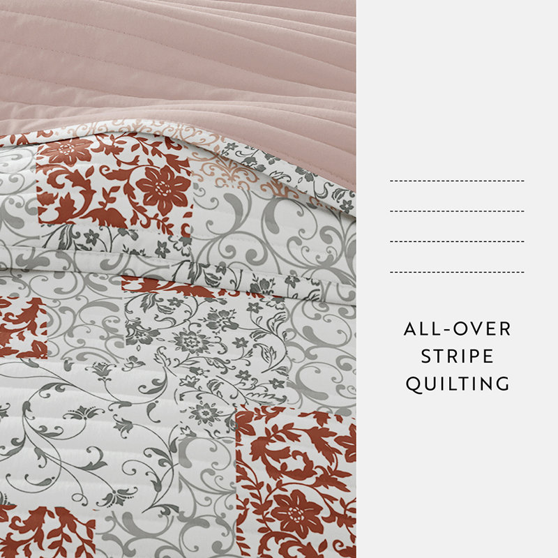 Ensemble de couvre-lit courtepointe en microfibre réversible à motif toutes saisons en patchwork ultra doux, Rose