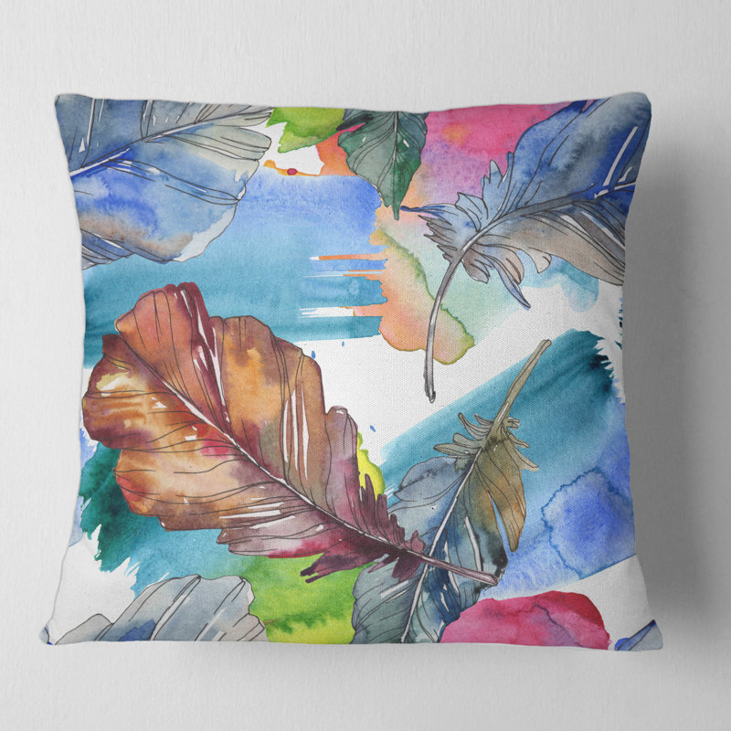 Plume d'oiseau en bleu et rose - coussin traditionnel imprimé, 18" x 18"