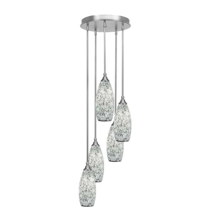 5 Light Cluster Pendalier, Brushed Nickel Finish, 5.5" Black Fusion Glass, Silver, Brushed Nickel