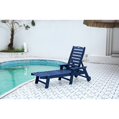 Méridienne d'extérieur pour piscine, bleu marine avec 5 positions, roues et porte-gobelet, chaise longue d'extérieur