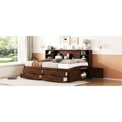 Lit double en bois brun antique avec 4 tiroirs, 2 armoires et unités de rangement intégrées
