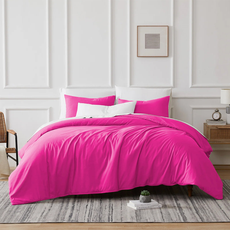 Microfibre 200 TC Plain Reversible Plain Weave Modern & Contemporary Duvet Cover Set, Pink, Double - 2 Standard Pillowcases