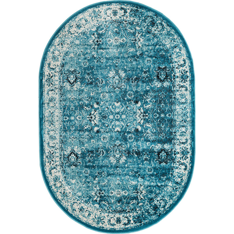 Tapis oriental bleu-vert, Ovale 5 pi 3 po x 8 pi