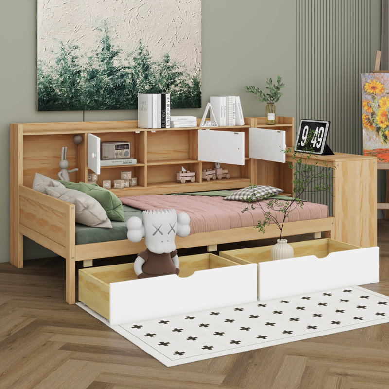 Daybed With Storage Drawers & Bookcase, Corner Bed With Desk & Shelves, Multi-Functional L Shaped Bed With Convertible Headboard