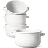Soup Bowls With Handles, Ceramic French Onion Soup Bowls 28 Ounces For Soup, Cereal, Chilli, Beef Stew, Stackable Serving Bowls Set, Oven Microwave Dishwasher Safe, Set Of 4, White