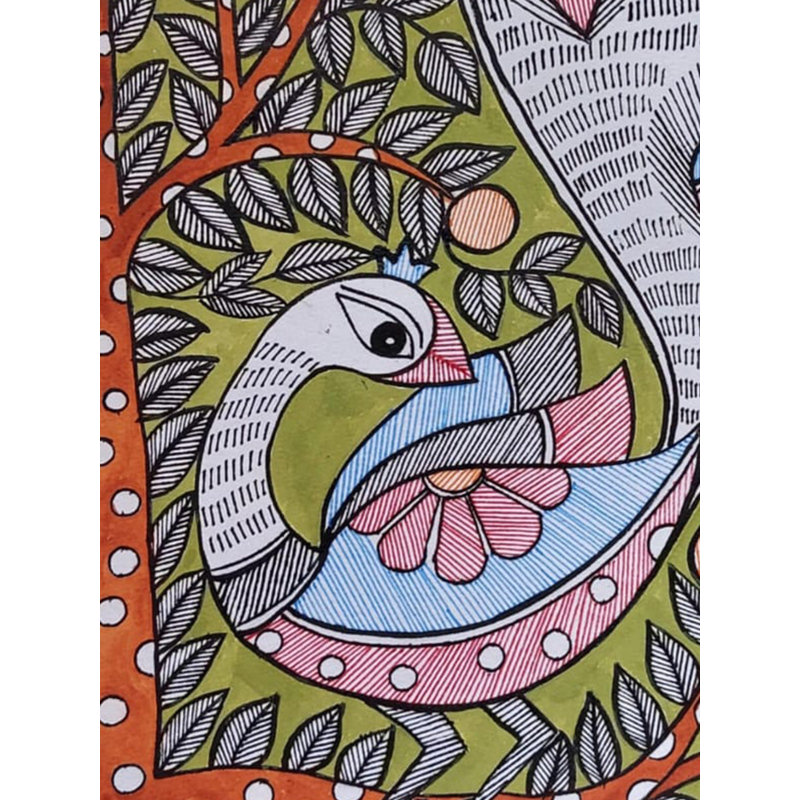 Paon avec queue, peinture acrylique Madhubani sur papier faite à la main par Lalita Ray - décoration murale d'art populaire indien H 11 po x l 7 po
