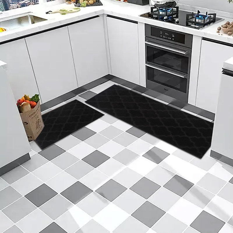 Kitchen Floor Mats, Washable, Polyester, Non-Skid, 2 PCS Set, Black