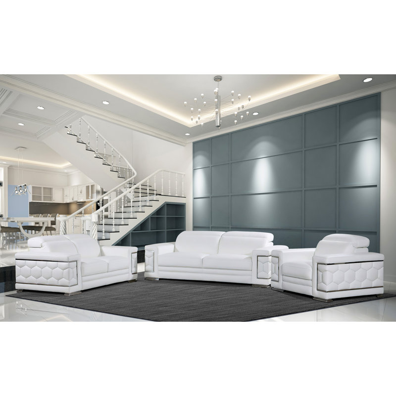 Ensemble de salon configurable en cuir véritable inclus 3 pièces Yurith, Cuir véritable blanc