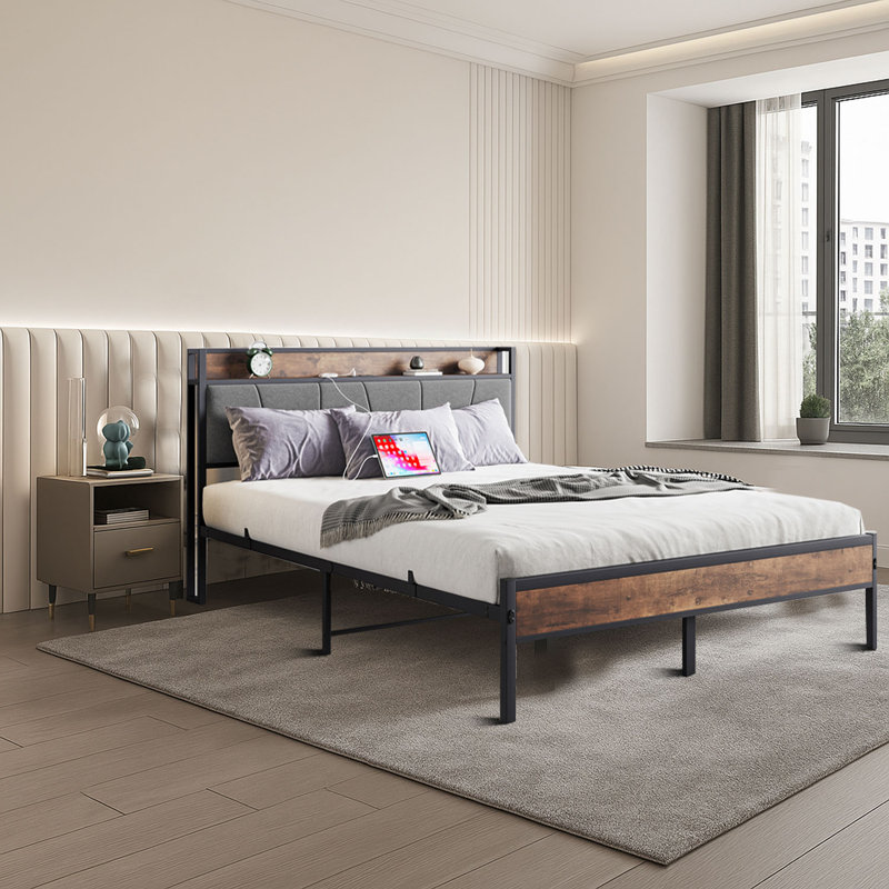 Base de lit plateforme moderne en bois avec tête de lit tapissier et station de charge intégrée, Grand