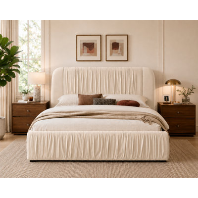 Nelsie Hydraulic Lift-Up Storage Bed with Pleated Upholstery, Cream, Full